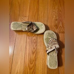 Skechers Beaded Cream Wedge Slide Sandals with Decorative Accent